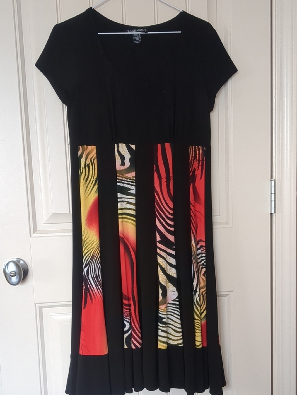 Frank Lyman Design Black Midi Dress with Red and Yellow Print Panels